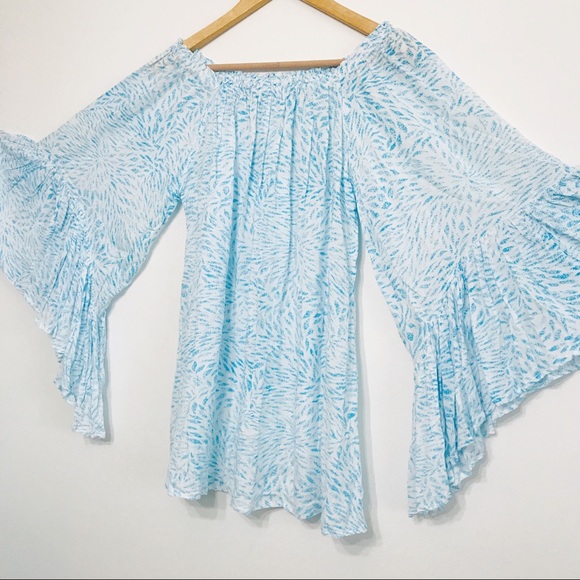 Indah Dresses & Skirts - Indah Kamani Blue Leaf Print Bell Sleeve Dress